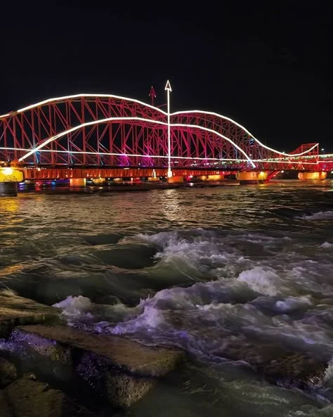 The Dhanush bridge over the Ganga at Haridwar, lit up at night